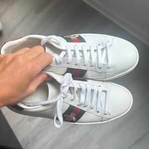 Authentic Gucci White Sneakers with Green and Red Accents